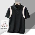 Men's grey striped cotton T-shirt with a lapel, showing loose Korean-style fit and short sleeves.
