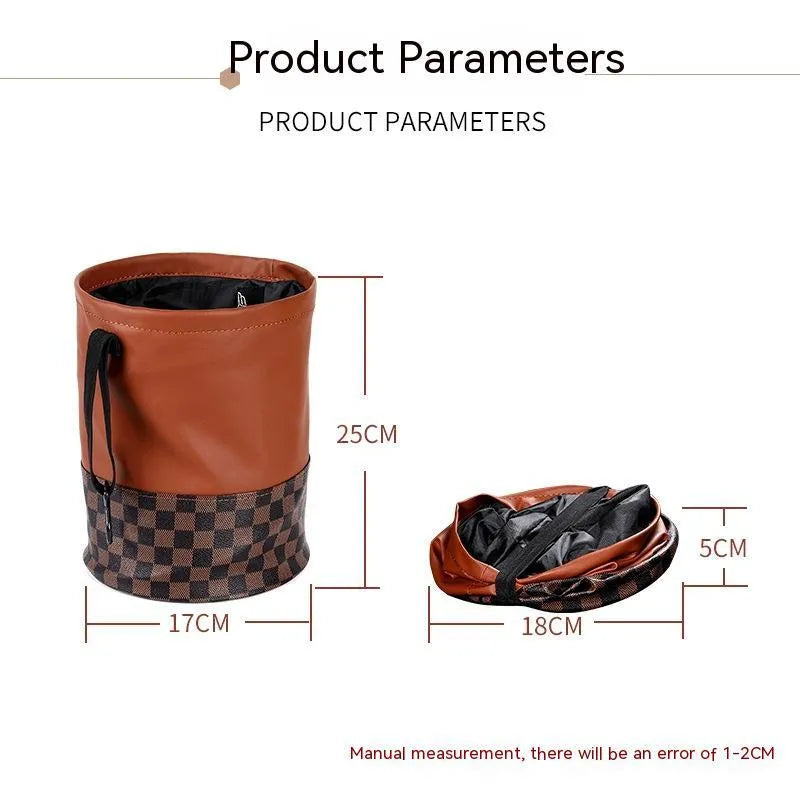 Black retractable leather car rubbish bin with carry handle, shown in folded and expanded states.
