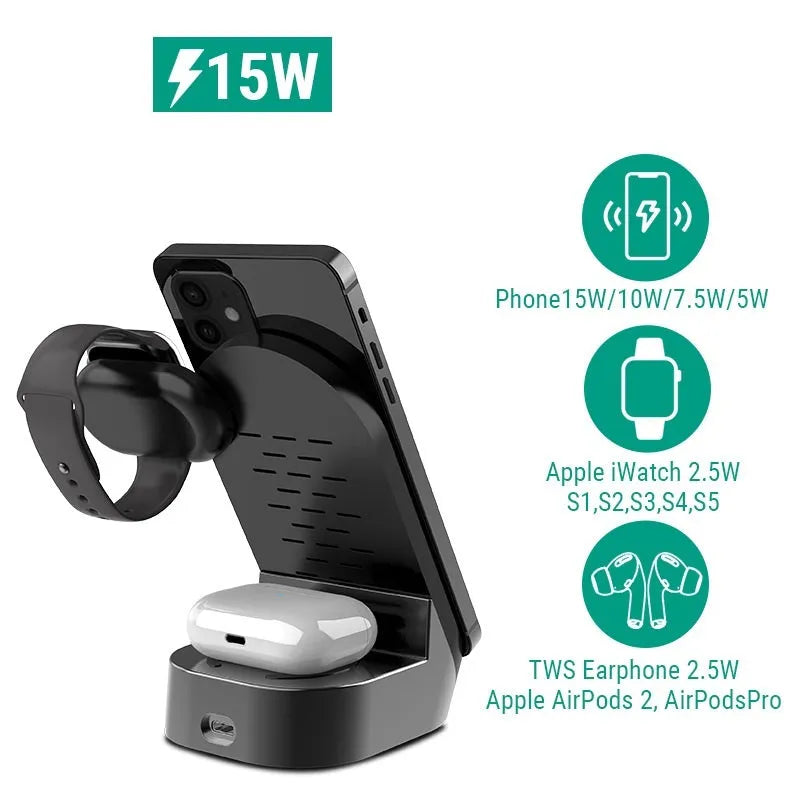 Black and grey foldable 3-in-1 wireless charging stand for mobile phone, watch, and earbuds.