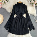 Horn long sleeves stand collar high waist A-line chiffon dress in orange-red colour