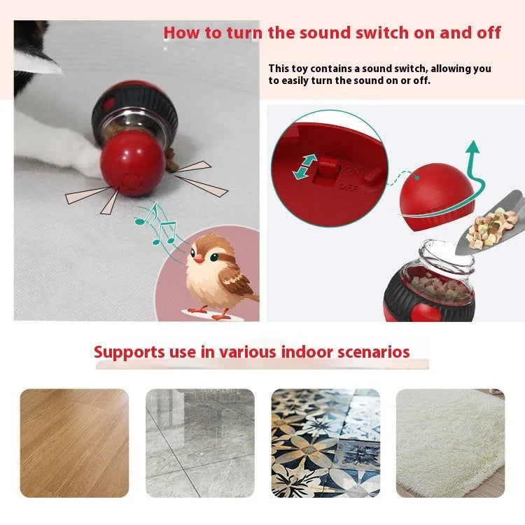 Rotating plastic cat toy ball in super ball colour with food dispensing mechanism