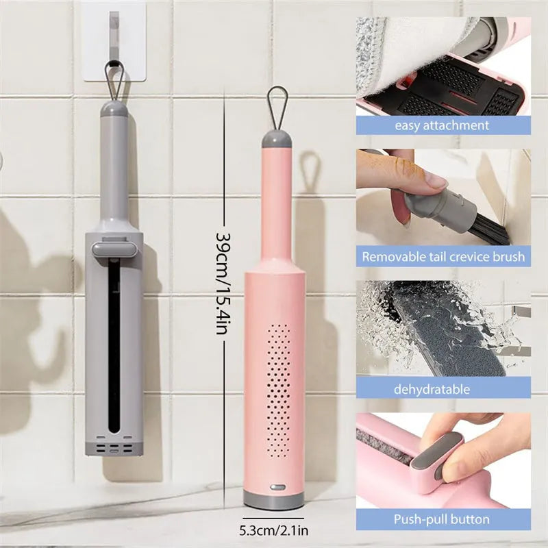 Pink self-squeezing flat mop with rotatable head and microfiber pads for floor cleaning