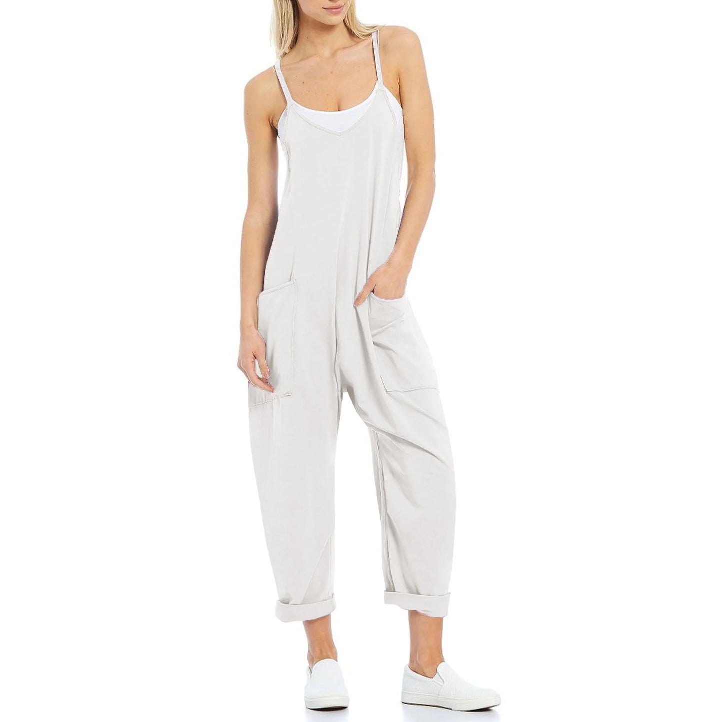 Women's knitted one-piece trousers with pockets and spaghetti straps in various colours