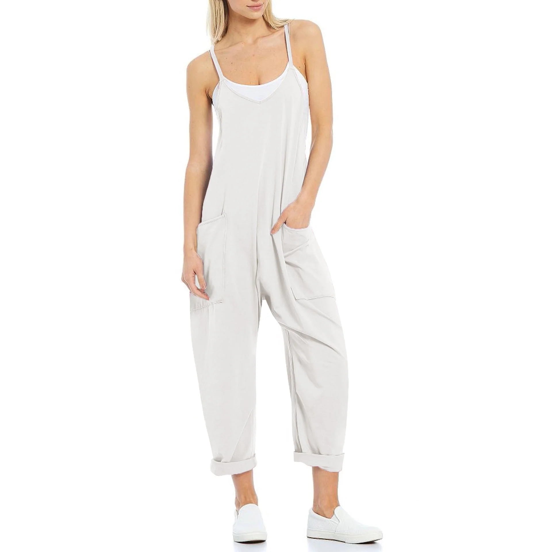 Women's knitted one-piece trousers with pockets and spaghetti straps in various colours