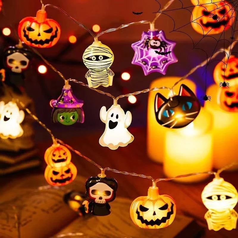 Battery-powered Halloween lighting chain with pumpkin, ghost, and bat-shaped LED lights