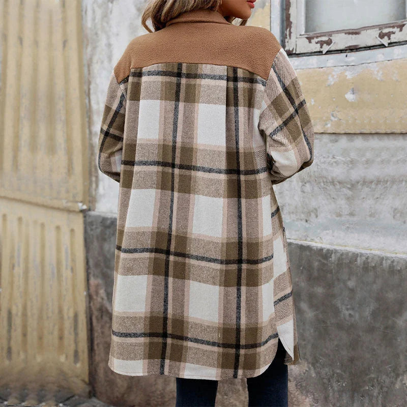 Stylish women's brushed plaid long coat with pockets, available in coffee, grey, and wine red colors