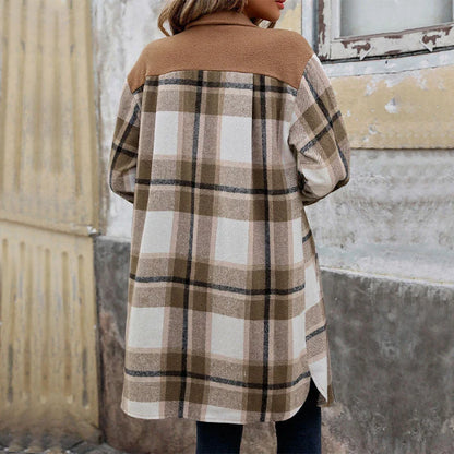 Stylish women's brushed plaid long coat with pockets, available in coffee, grey, and wine red colors