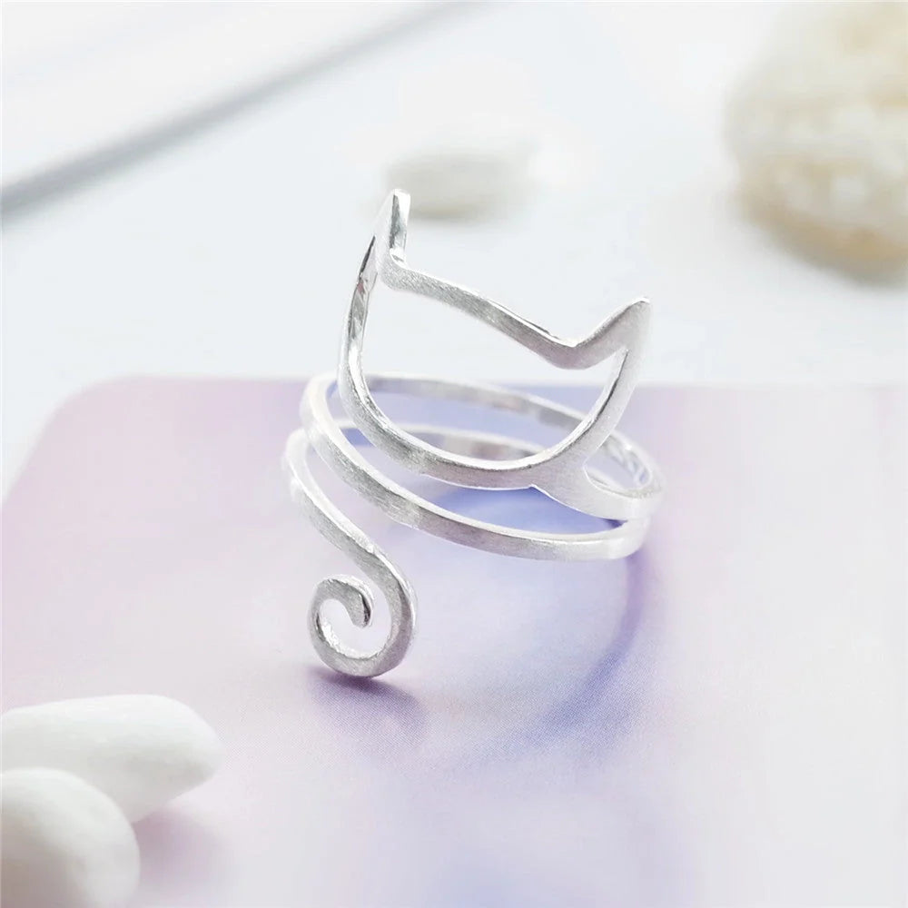 S925 silver adjustable cute cat ring with winding cat collar design and brushed finish