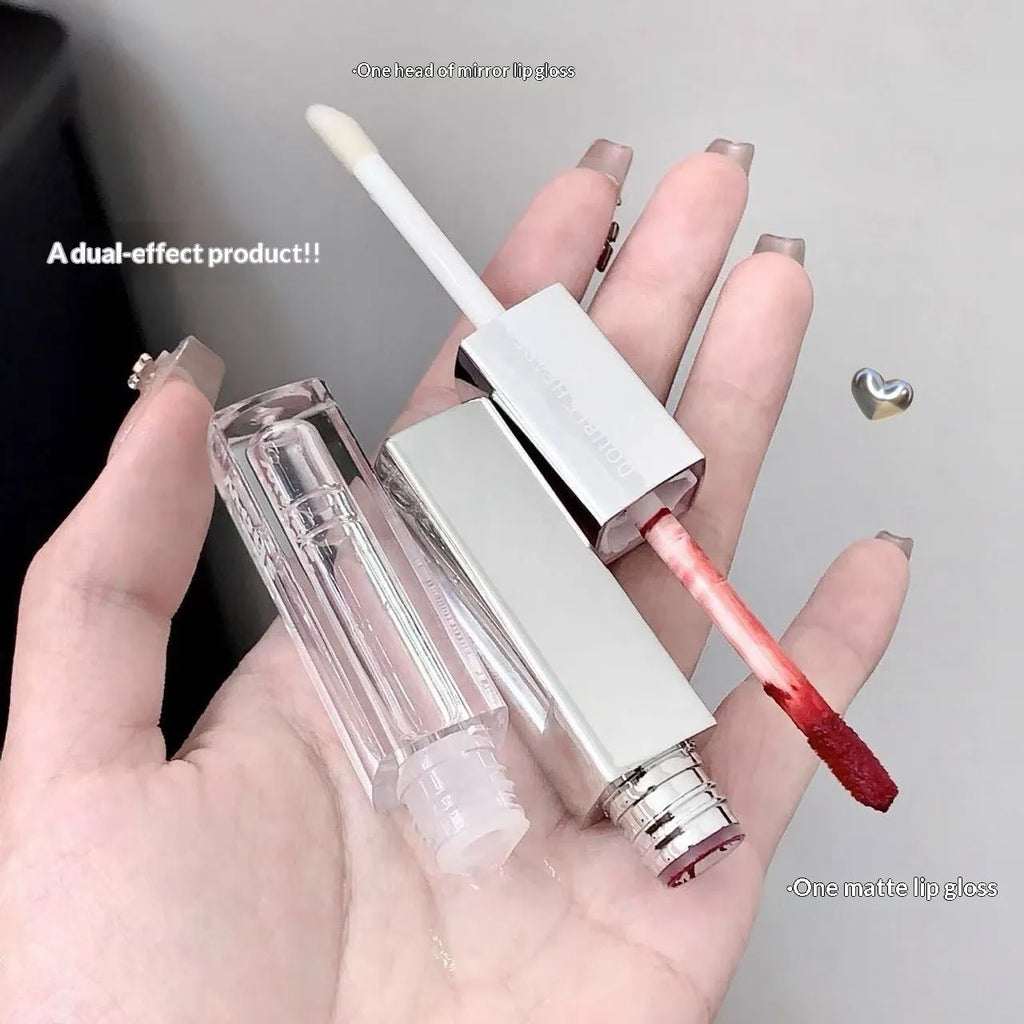 Double-ended dual-effect matte velvet lip gloss in five shades including Raspberry Sweet Peach and Candied Tomato