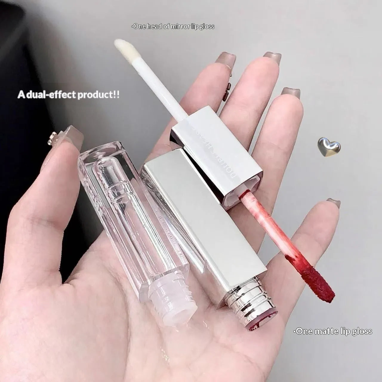 Double-ended dual-effect matte velvet lip gloss in five shades including Raspberry Sweet Peach and Candied Tomato