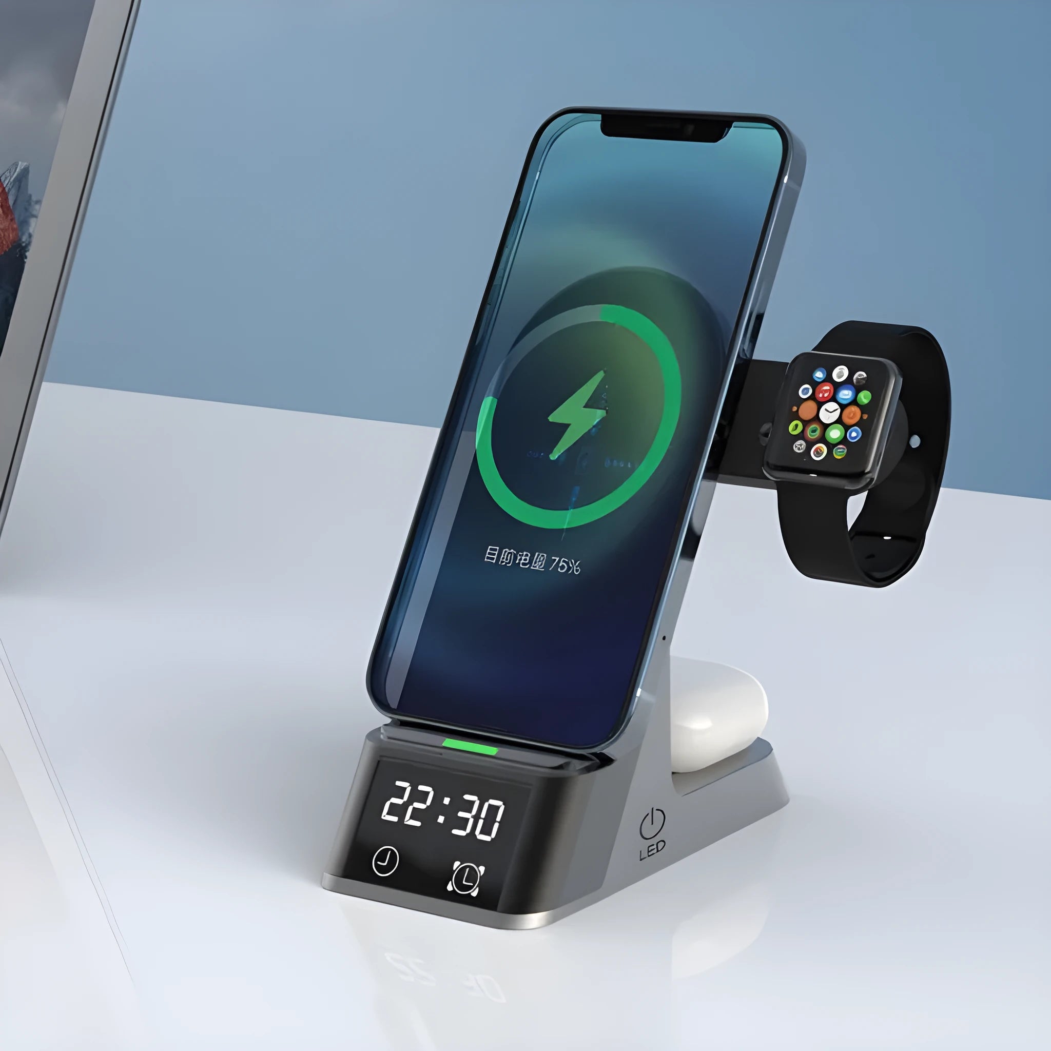 Black multifunctional wireless charging alarm clock with digital display and phone on charging pad.