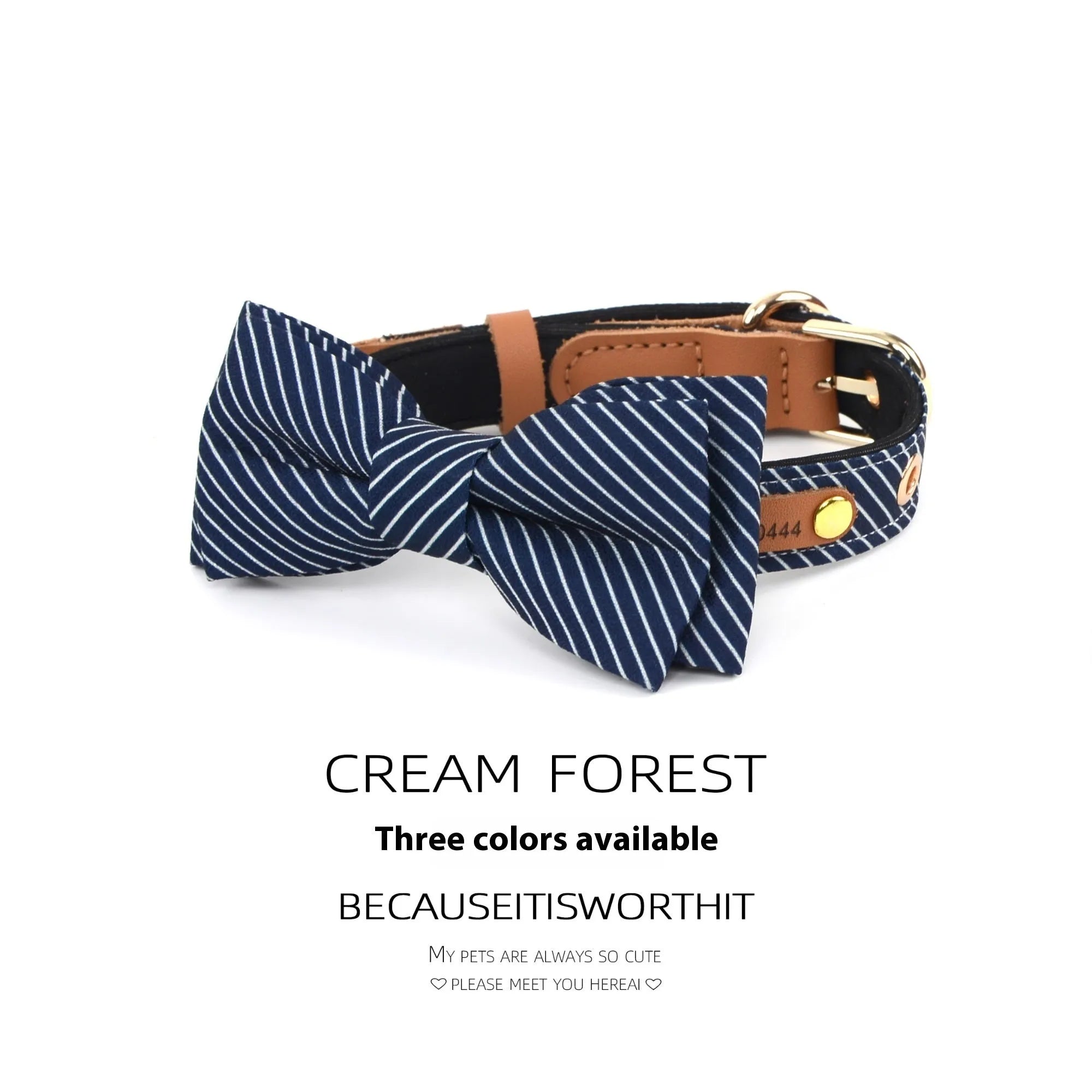 Cotton dog collar with detachable bow in wine red, dark blue or white with optional leather lettering