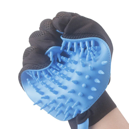 Blue handheld pet shower tool with massage gloves for dogs and cats