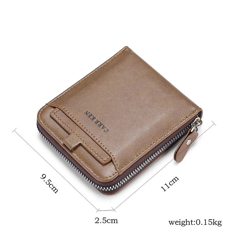 Men's short casual zipper wallet in black polyurethane leather with horizontal square shape and sewing thread detailing.