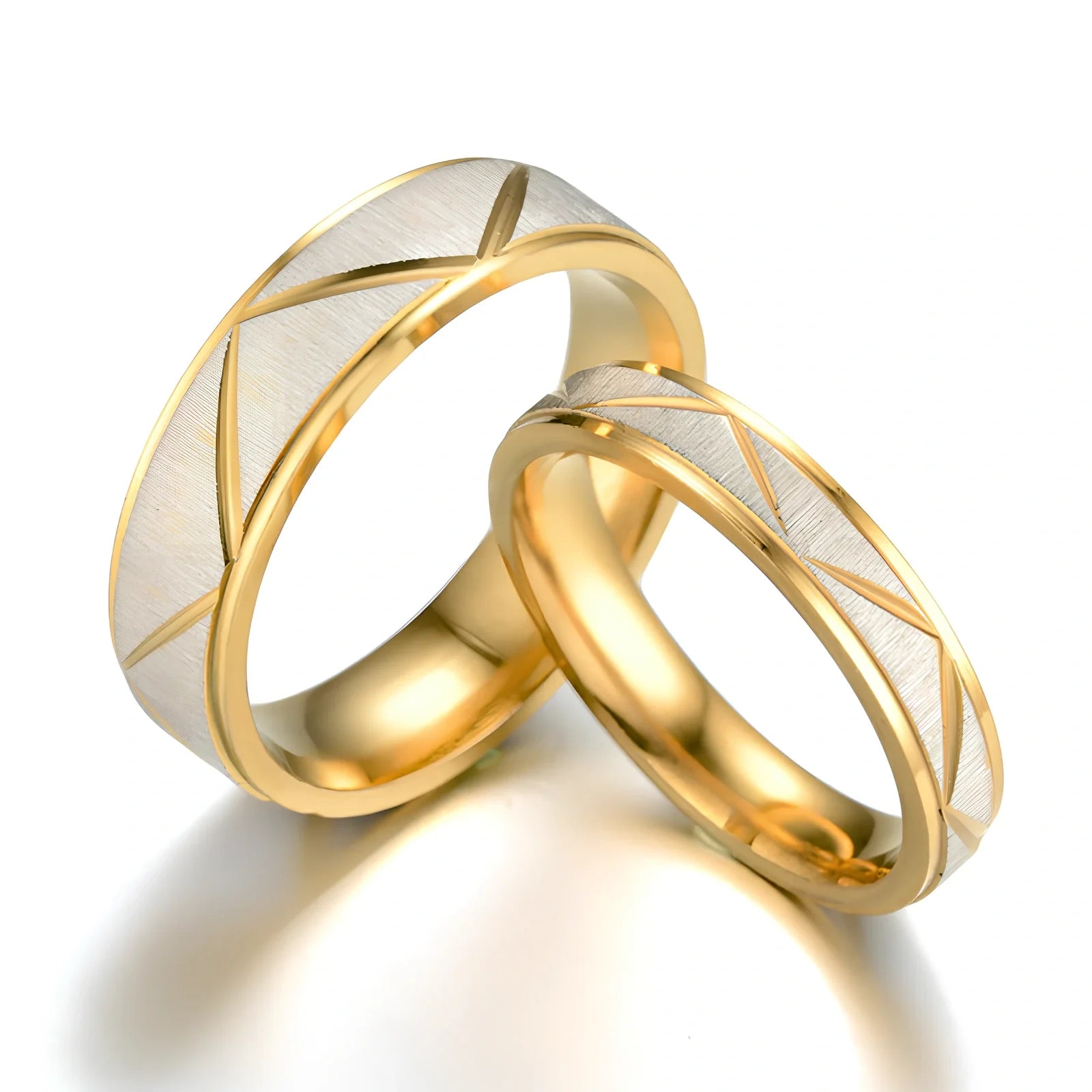 Titanium steel couple ring in 24K gold finish, 4mm and 6mm widths, stainless steel with vacuum plating for rust resistance