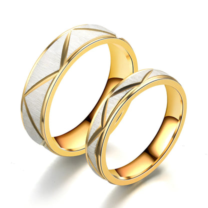 Titanium steel couple ring in 24K gold finish, 4mm and 6mm widths, stainless steel with vacuum plating for rust resistance