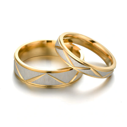Titanium steel couple ring in 24K gold finish, 4mm and 6mm widths, stainless steel with vacuum plating for rust resistance