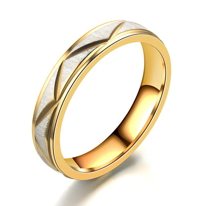 Titanium steel couple ring in 24K gold finish, 4mm and 6mm widths, stainless steel with vacuum plating for rust resistance
