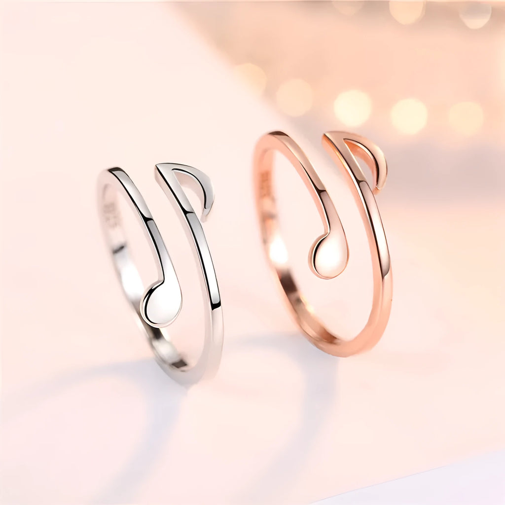 Adjustable copper wedding ring with music note geometric pattern, 5mm width, in silver and rose gold finishes