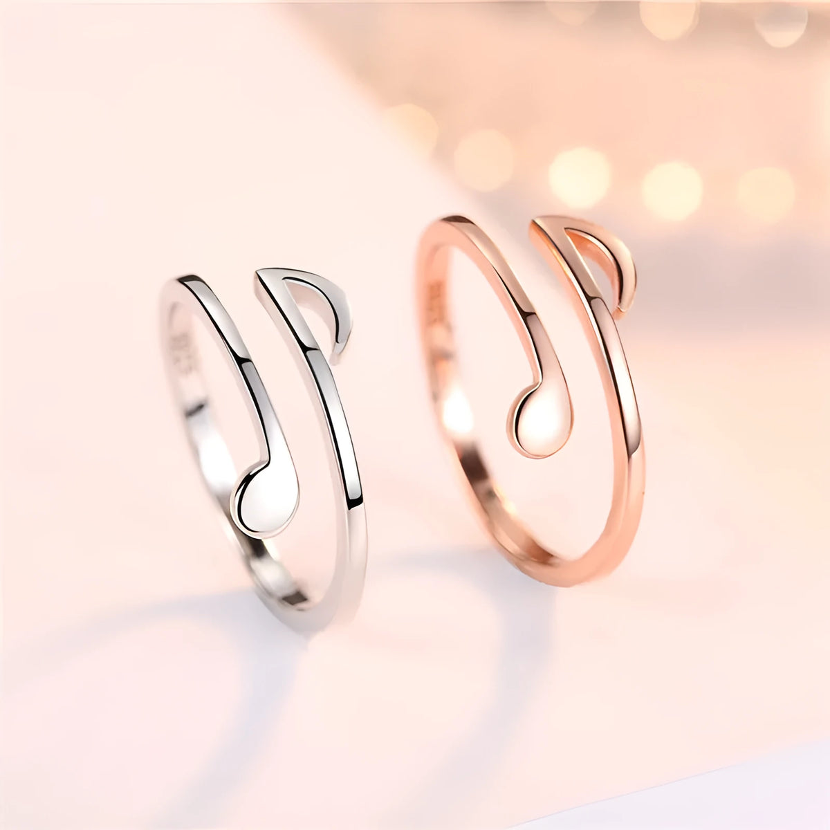 Adjustable copper wedding ring with music note geometric pattern, 5mm width, in silver and rose gold finishes