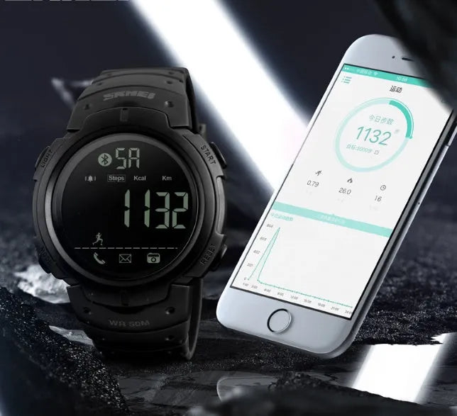 50mm round smart watch with black or army green PU strap and stainless steel buckle