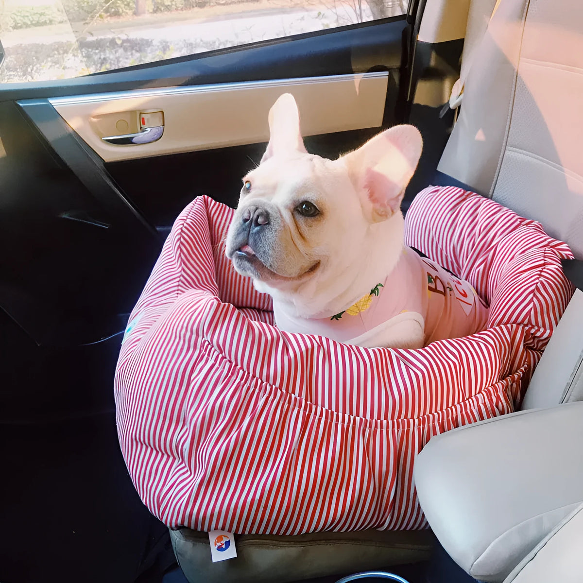 Travel car seat cushion for small dogs with raised sides in blue stripes on a car seat, Oxford cloth construction