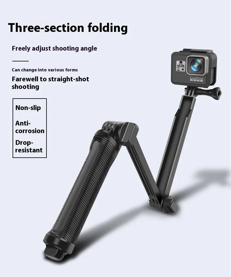 Black portable folding tripod for GoPro Hero action cameras in compact storage position.