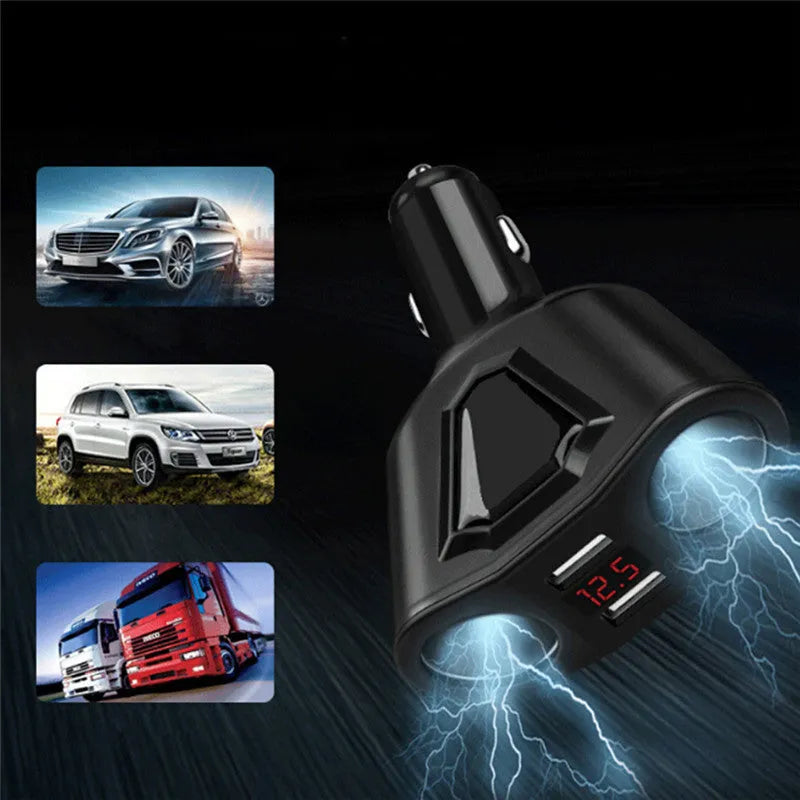 Black dual USB car charger with digital LCD screen showing voltage and current