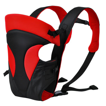 Beige baby strap carrier with adjustable straps supporting 15kg in multiple positions including chest and back for infants 3-18 months