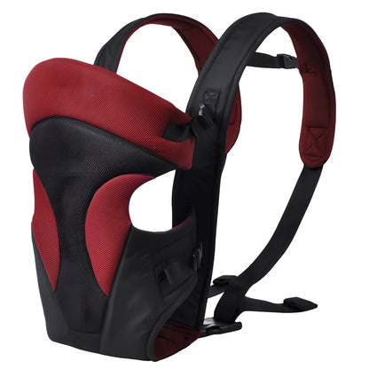 Beige baby strap carrier with adjustable straps supporting 15kg in multiple positions including chest and back for infants 3-18 months