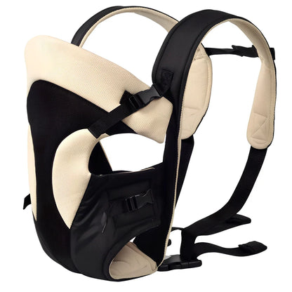 Beige baby strap carrier with adjustable straps supporting 15kg in multiple positions including chest and back for infants 3-18 months