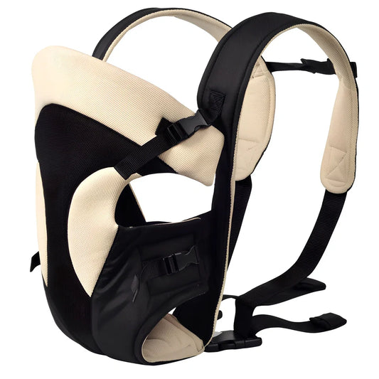 Beige baby strap carrier with adjustable straps supporting 15kg in multiple positions including chest and back for infants 3-18 months