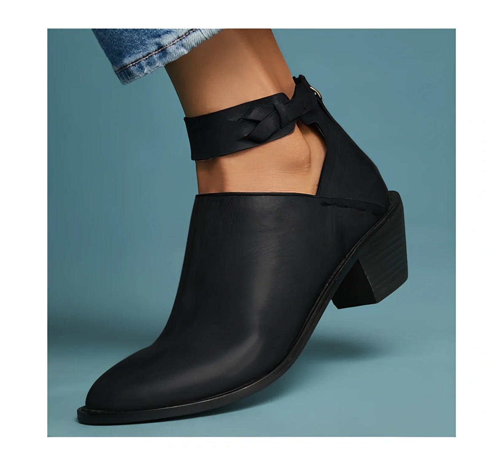 Women's black cut-out ankle boots with buckle strap, back zipper, 3-5cm heel in artificial PU, size 36 shown