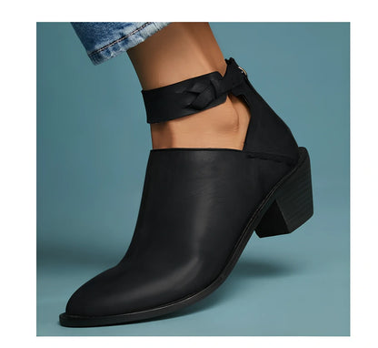 Women's black cut-out ankle boots with buckle strap, back zipper, 3-5cm heel in artificial PU, size 36 shown