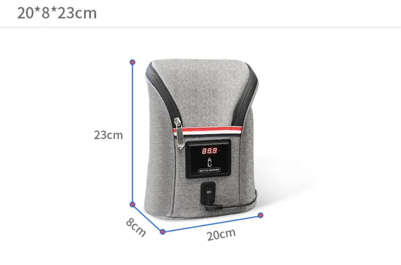 Grey Oxford cloth portable baby bottle warmer with electronic display and car charger, shown next to two baby bottles.