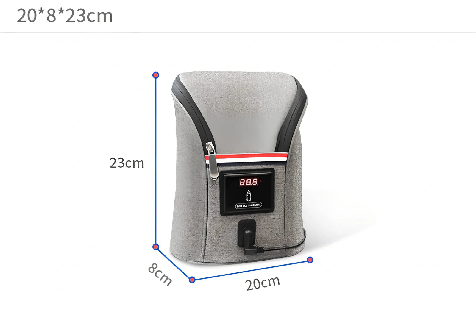 Grey portable baby bottle warmer with electronic display and car charger for 12V vehicle use