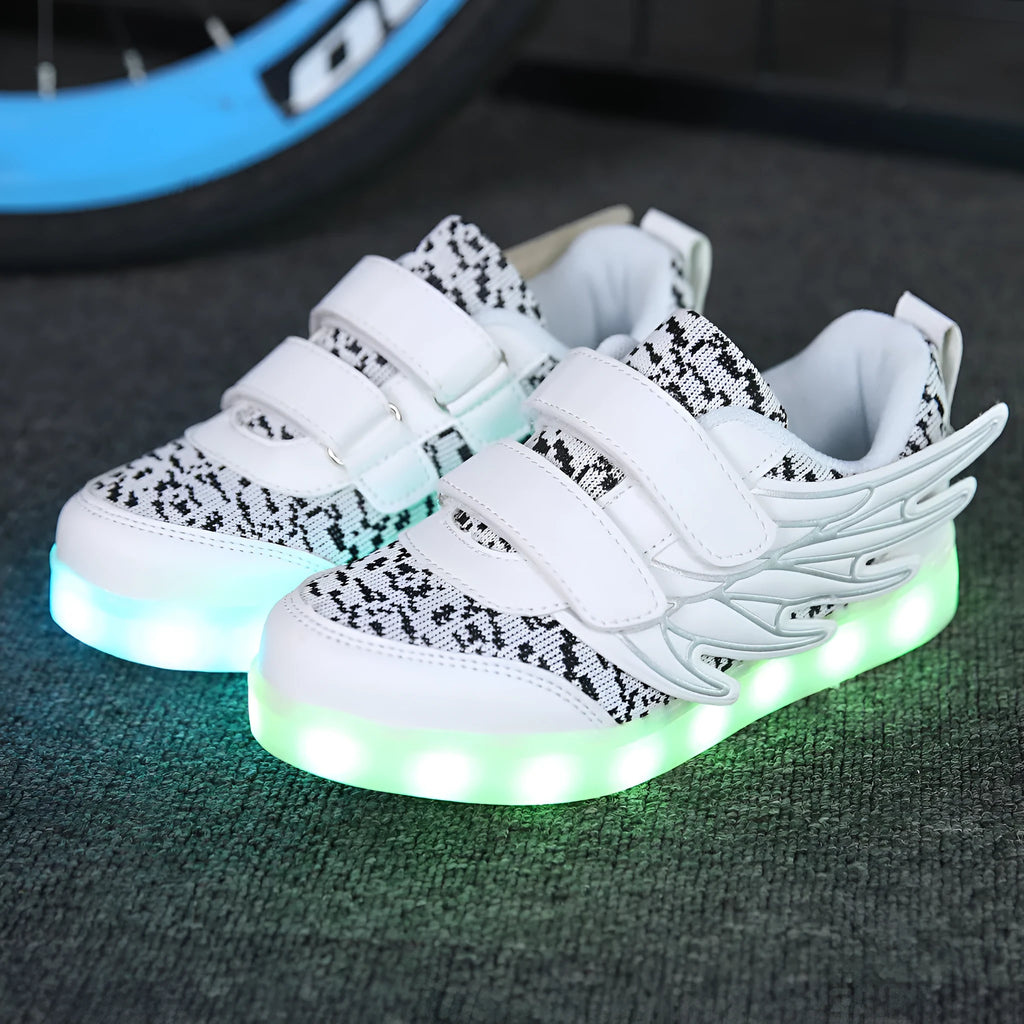 Children's plum red and white LED light-up sneakers with colourful luminous soles and USB charging port.