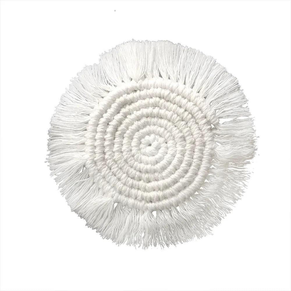 Hand-woven round beige cotton string coaster on a wooden surface, 15x15cm size option