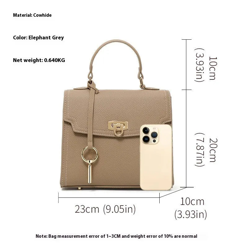 Elephant grey genuine leather vintage handbag with litchi pattern lock and file bag internal structure