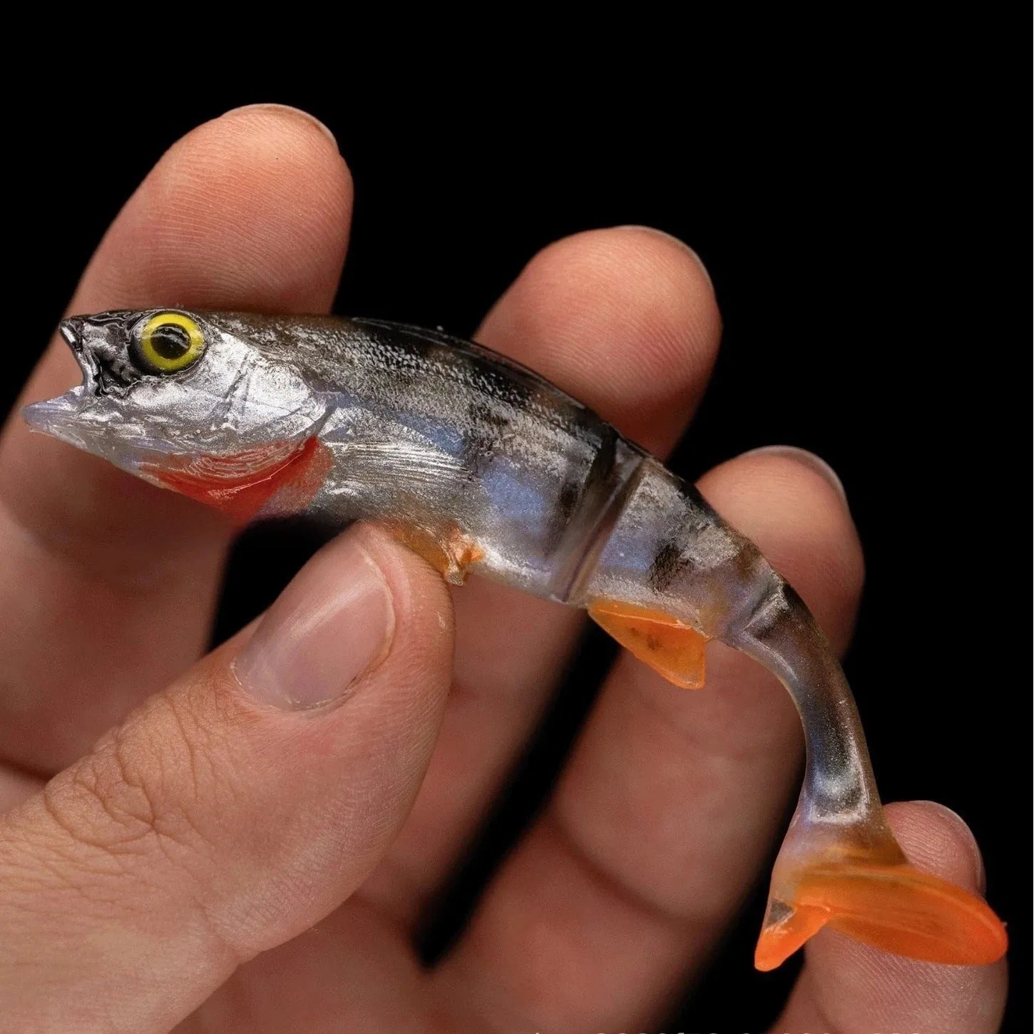 Two T-tail catfish soft fishing lures showing fish colour pattern and design details