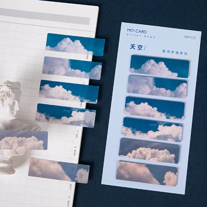 Set of 90 star-themed, writable PET post-it note markers in sky, moon, ocean, fire, dusk, and forest colours.