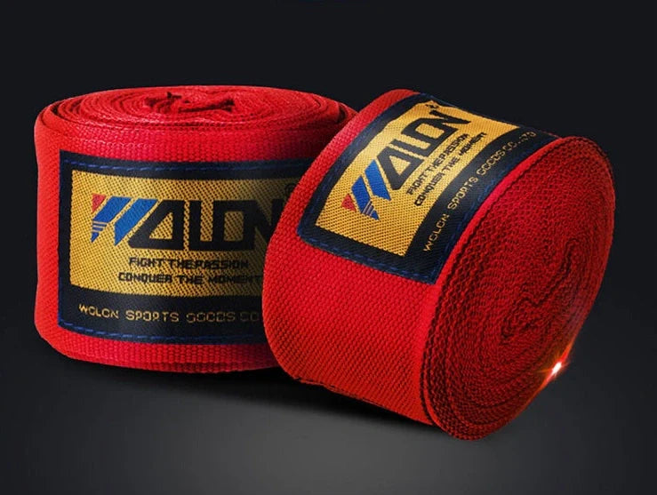 Cotton boxing hand wraps showing 2.5-metre length and 5cm width for martial arts training