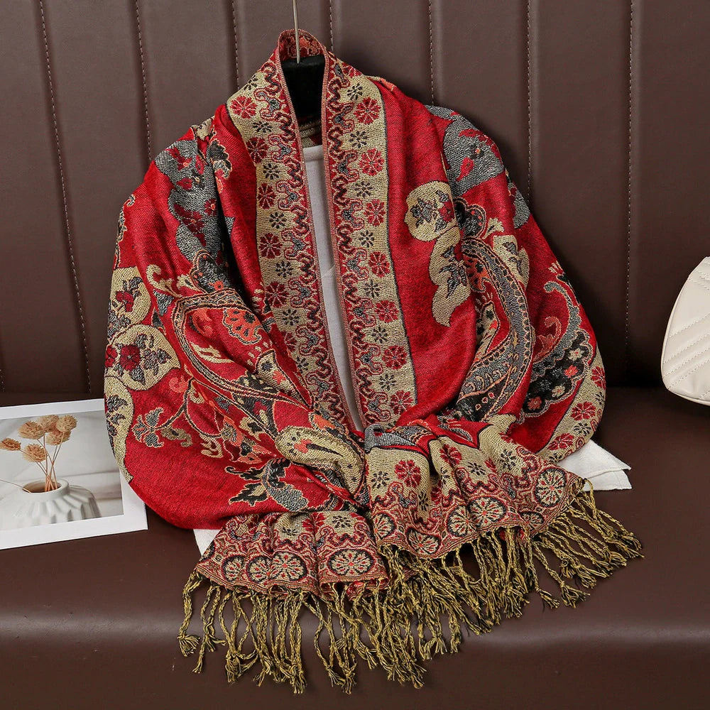 Cashew pattern tassel scarf measuring 176cm long with burgundy colour and ethnic styling
