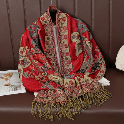 Cashew pattern tassel scarf measuring 176cm long with burgundy colour and ethnic styling