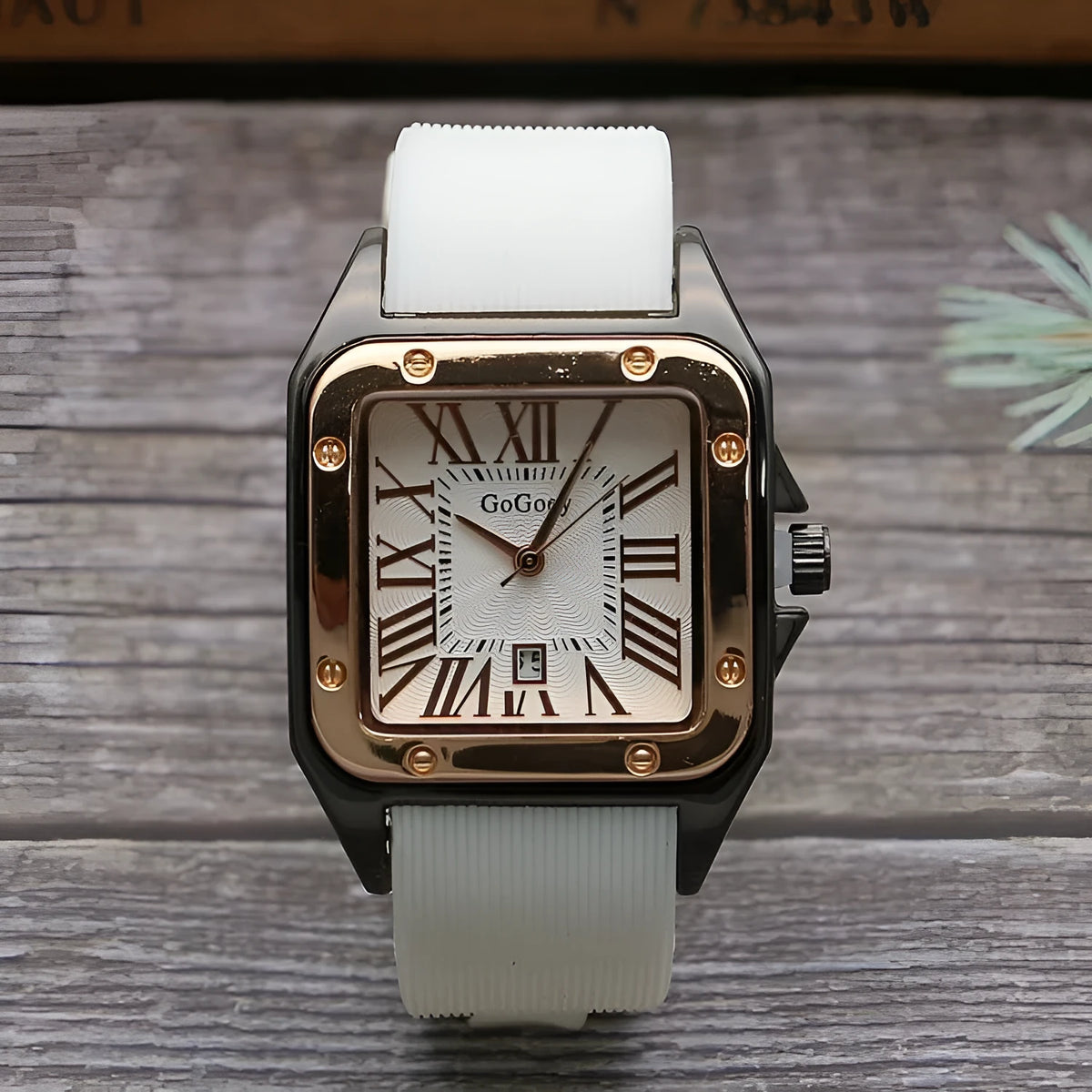 Women's square quartz watch with Roman numerals, 11mm case, black tape strap