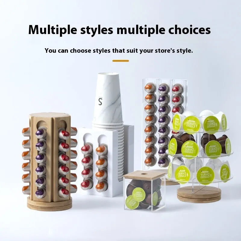 Acrylic rotatable coffee capsule storage rack in solid colour with capsules on a modern kitchen counter