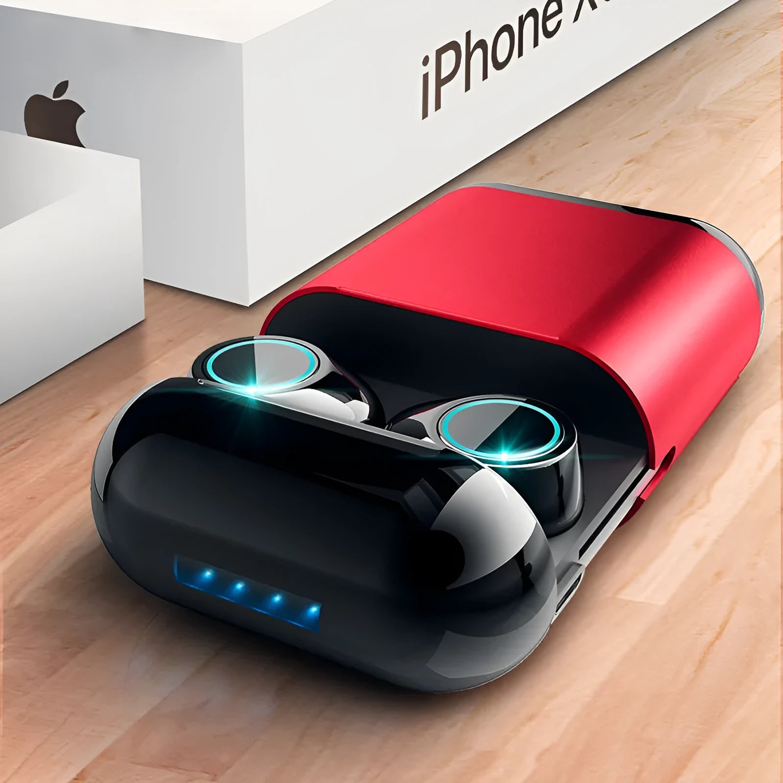 Black true wireless stereo Bluetooth earbuds with charging case.