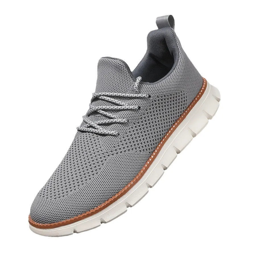 Men's grey and black mesh fabric casual sneakers with round toe and low heel