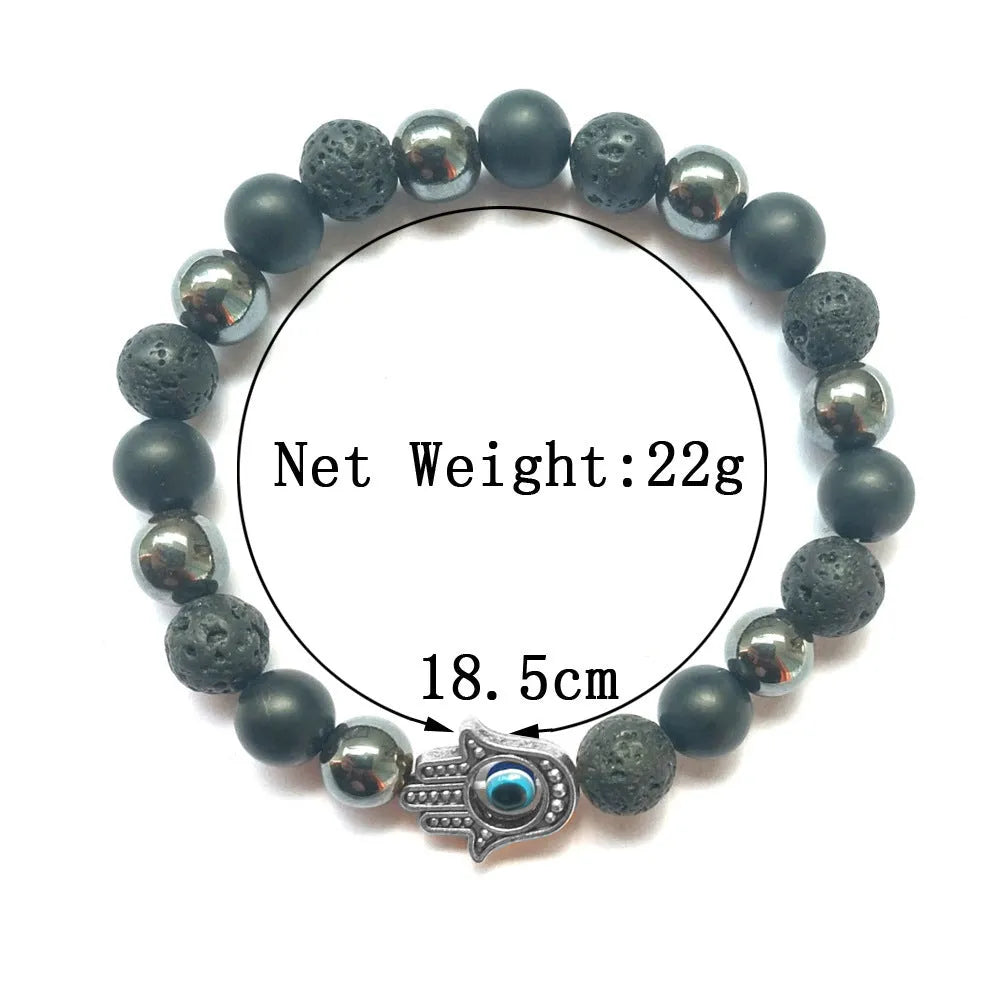Handmade beaded bracelet with 8mm stone beads in silver blue white black, alloy electroplating finish