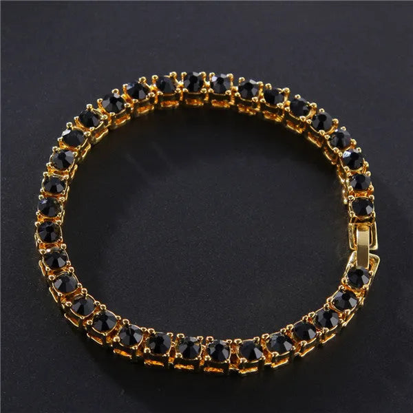 Men's hip hop bracelet with single row iced out rhinestones and zirconia tennis charm in geometric link chain design